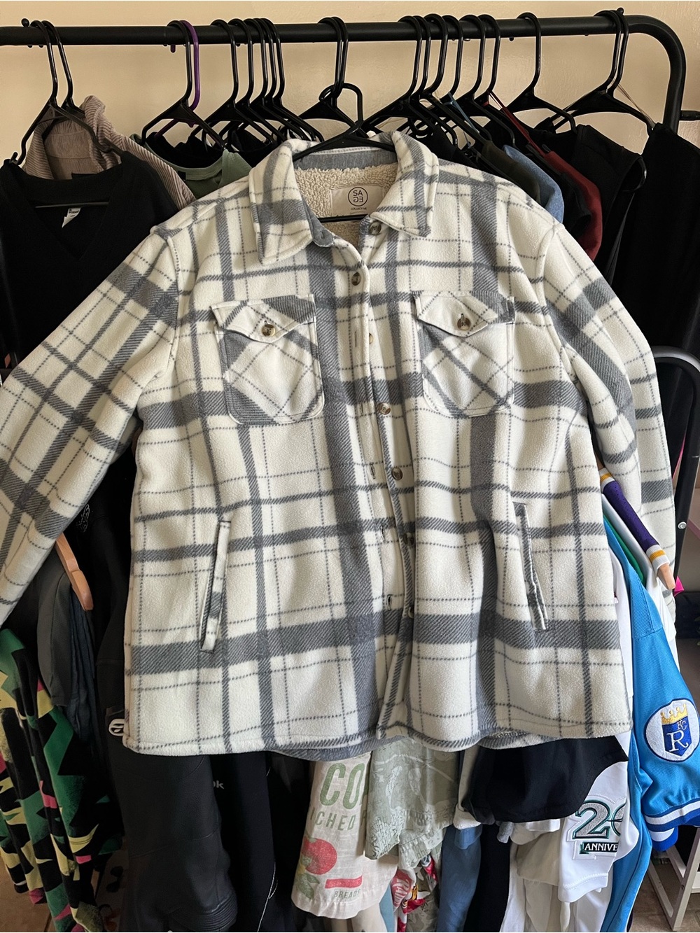 Plaid Teddy Jacket in Cream & Gray - Unbranded